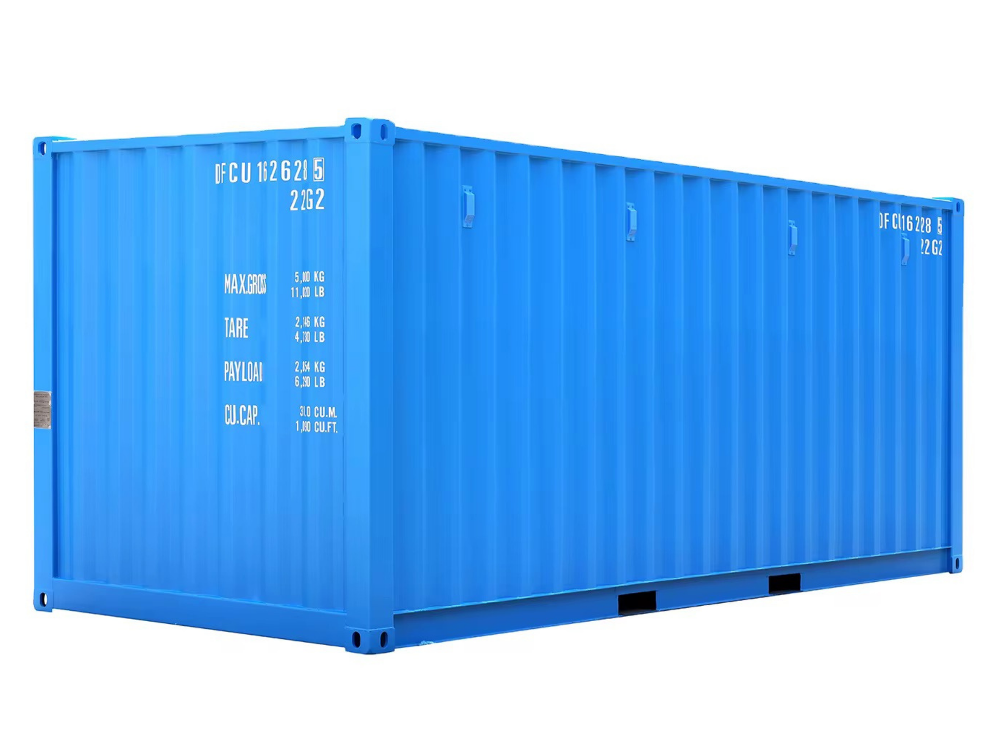 Blue shipping container with text on a white background