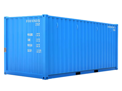Blue shipping container with text on a white background