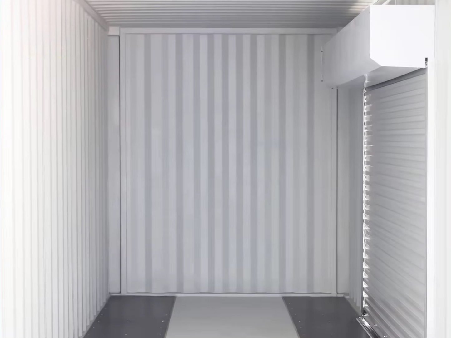 Container storage unit with striped walls and a closed door