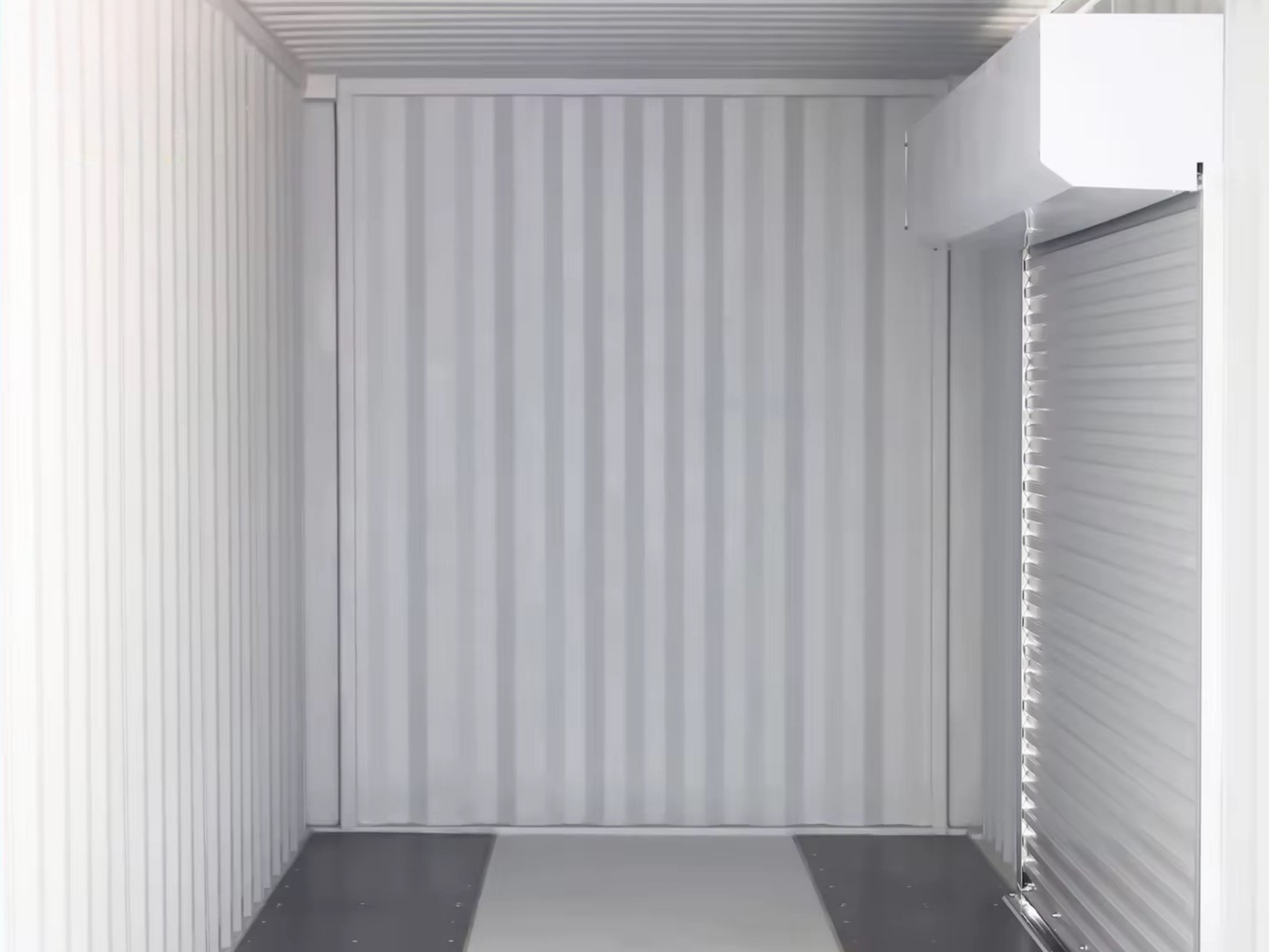 Container storage unit with striped walls and a closed door