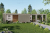 Modern container-style house with a garden and trees in the background