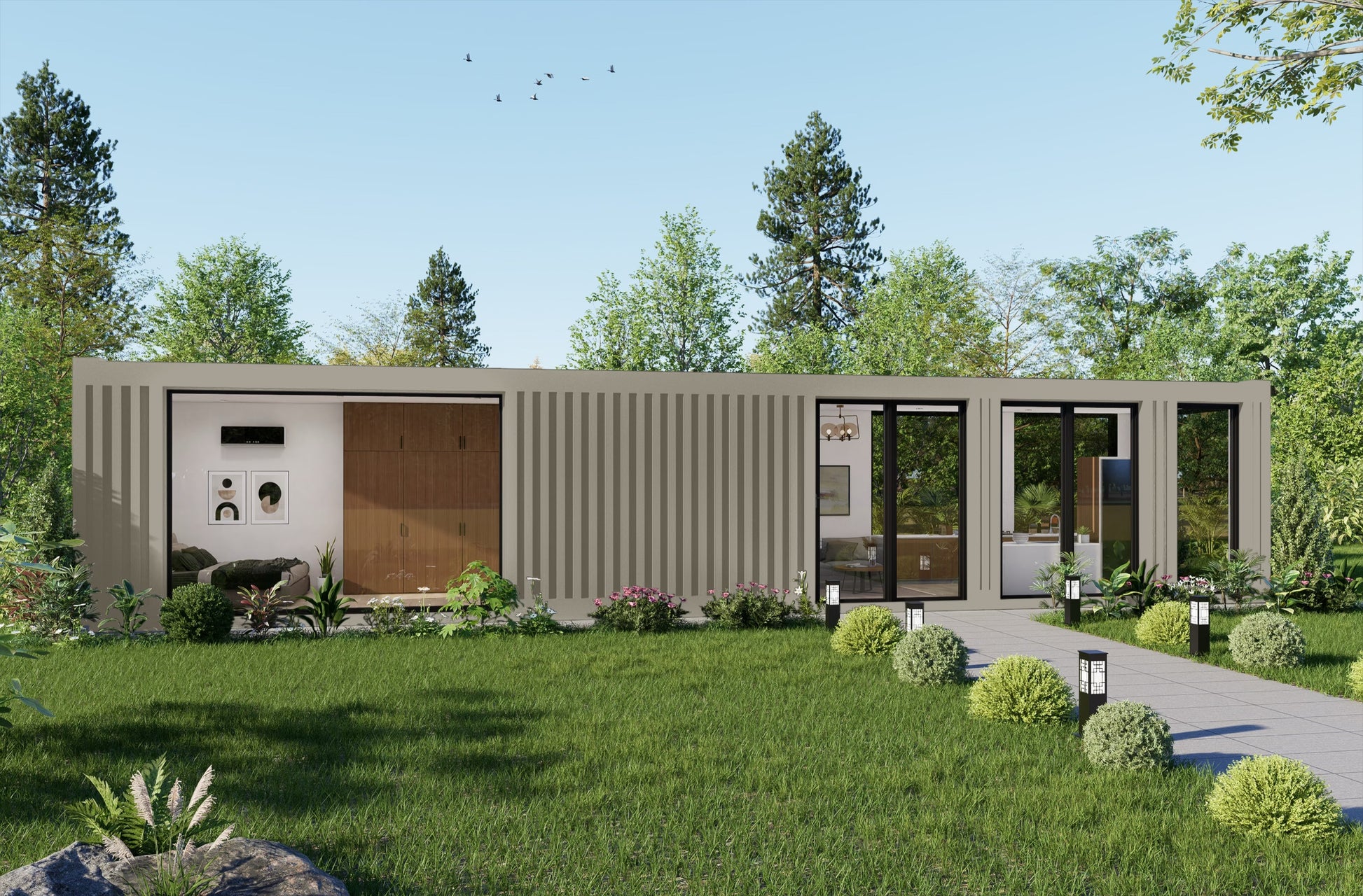 Modern container-style house with a garden and trees in the background