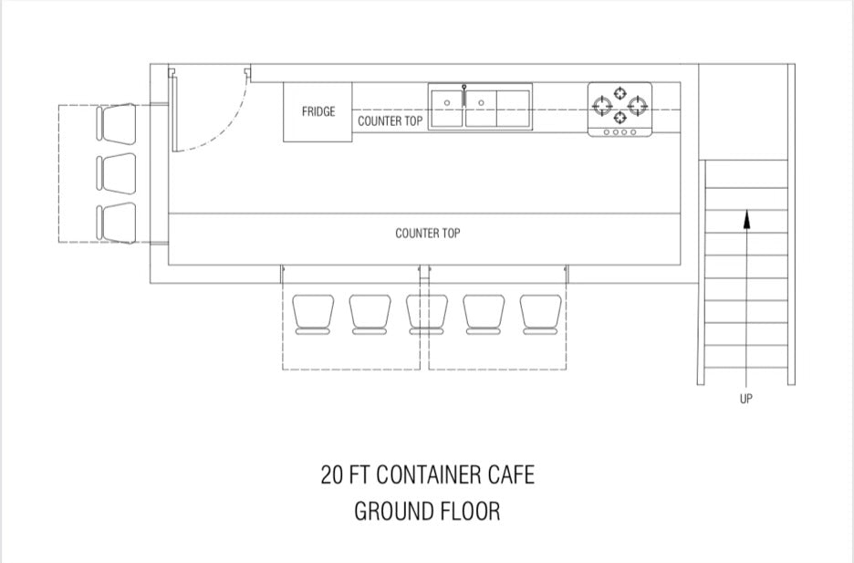 Floor plan of a 20-foot container cafe with furniture layout