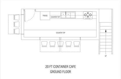 Floor plan of a 20-foot container cafe with furniture layout