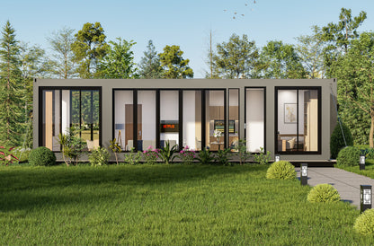 Modern container modular building with glass windows in a green outdoor setting