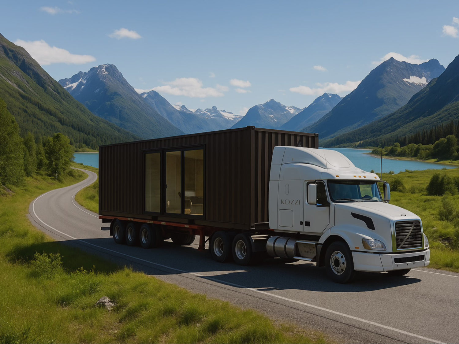 Truck with a modular building on a scenic mountain road