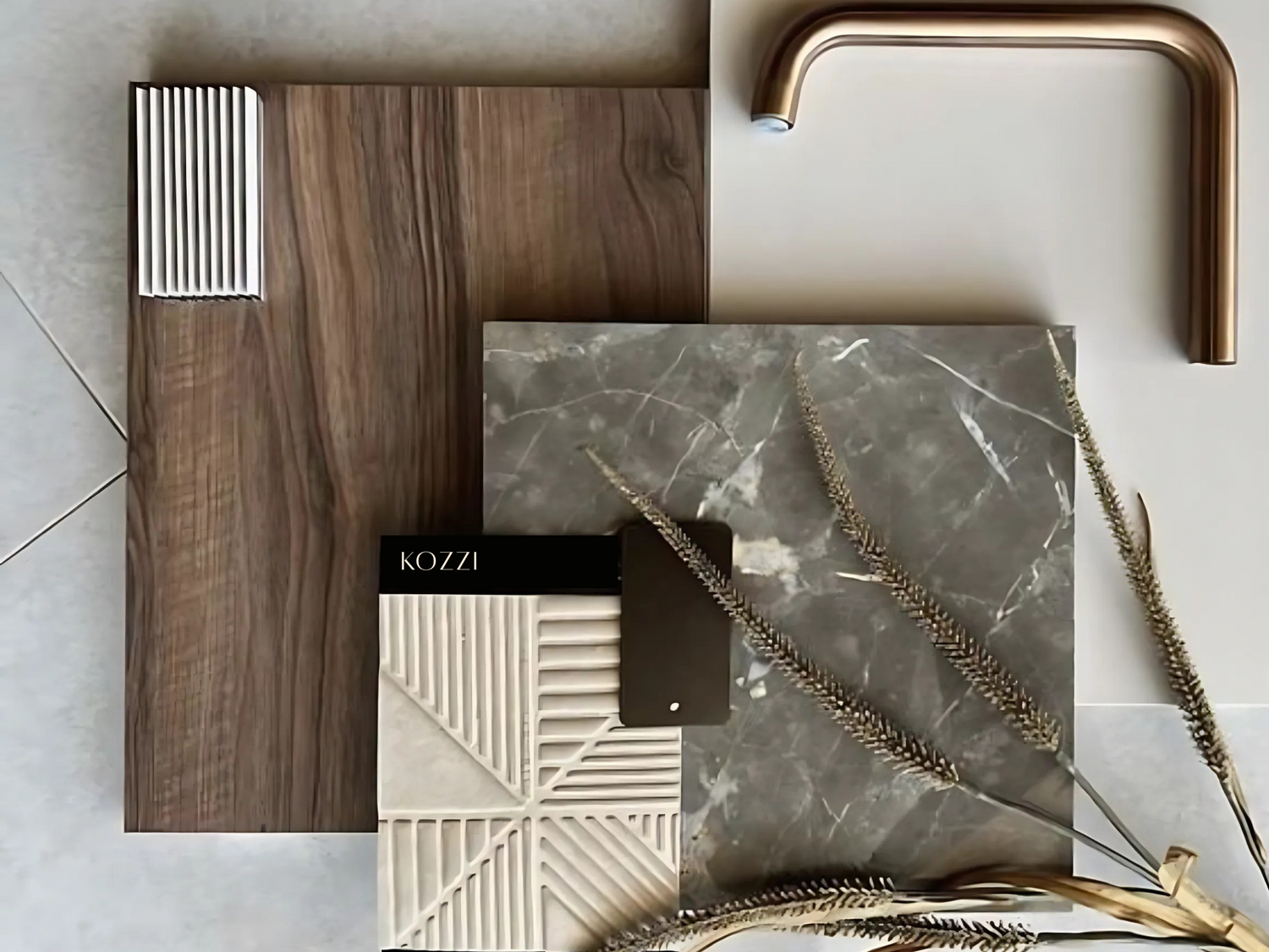Bathroom fixtures including a wooden shelf, marble surface, and bronze faucet with KOZZI branding.