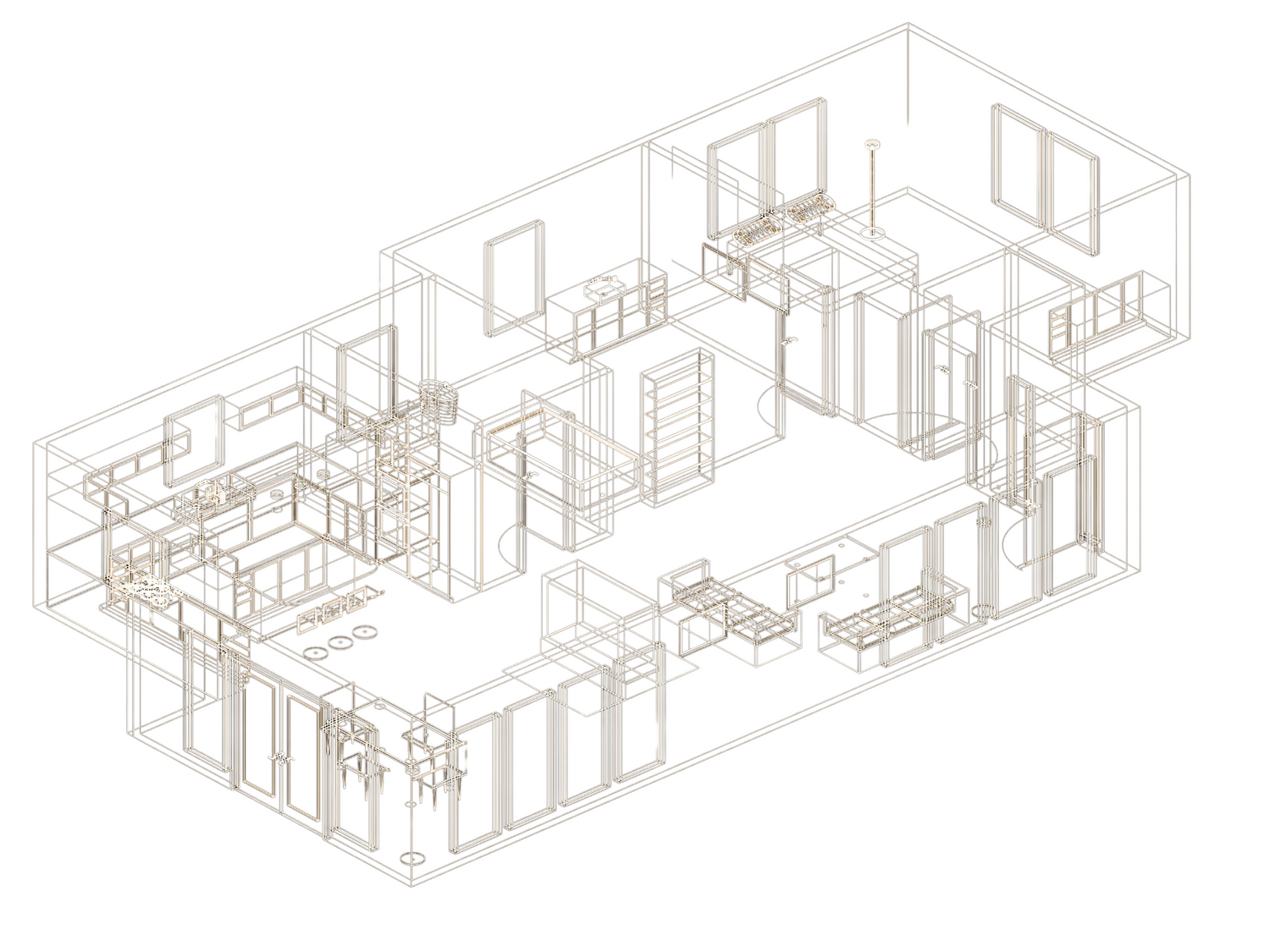Architectural wireframe of a modern apartment layout on a white background
