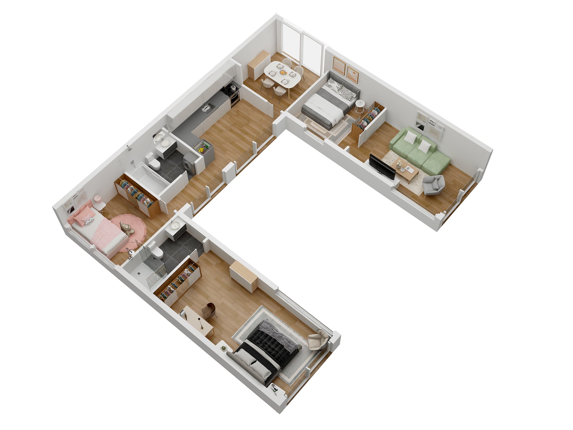 3D container floor plan of a modern apartment suite's layout with rooms and furniture.