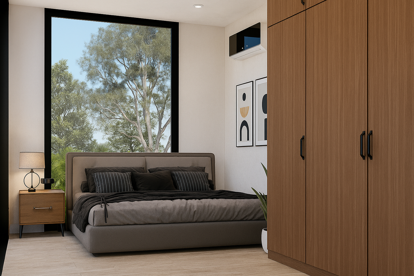 Modern bedroom with bed, wardrobe, and large window