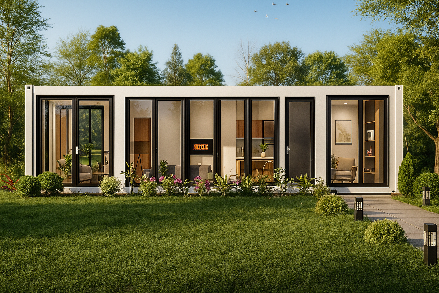 Modern modular home with glass walls in a green, tree-lined setting