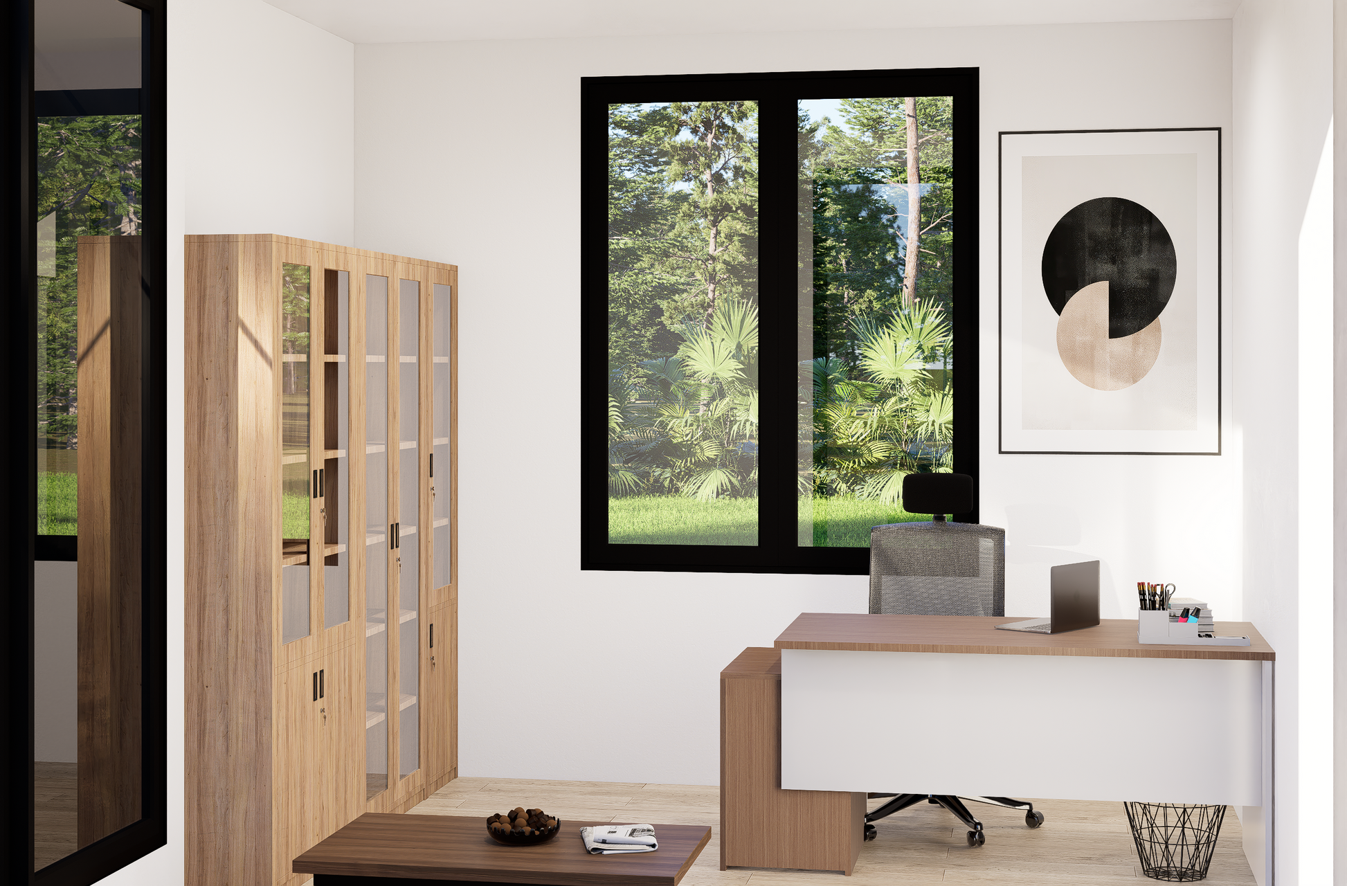 Modern office space with a desk, chair, and large window overlooking greenery.