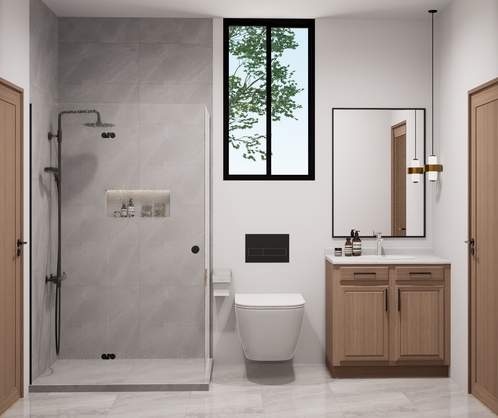 Modern bathroom with shower, toilet, and vanity unit.