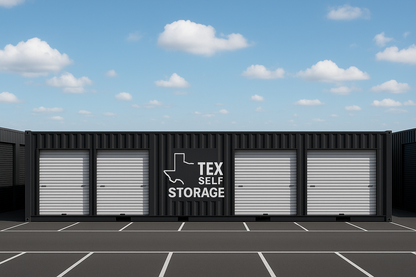 Storage containers with 'TEX SELF STORAGE' branding under a blue sky with clouds.