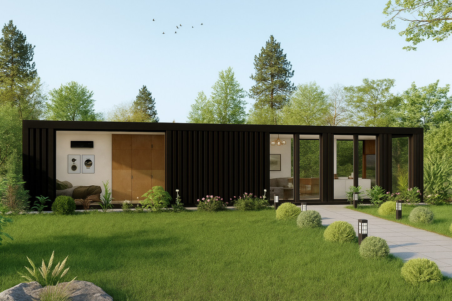Modern house made of shipping containers in a green, tree-lined area