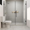 Modern bathroom with a toilet and shower enclosure.