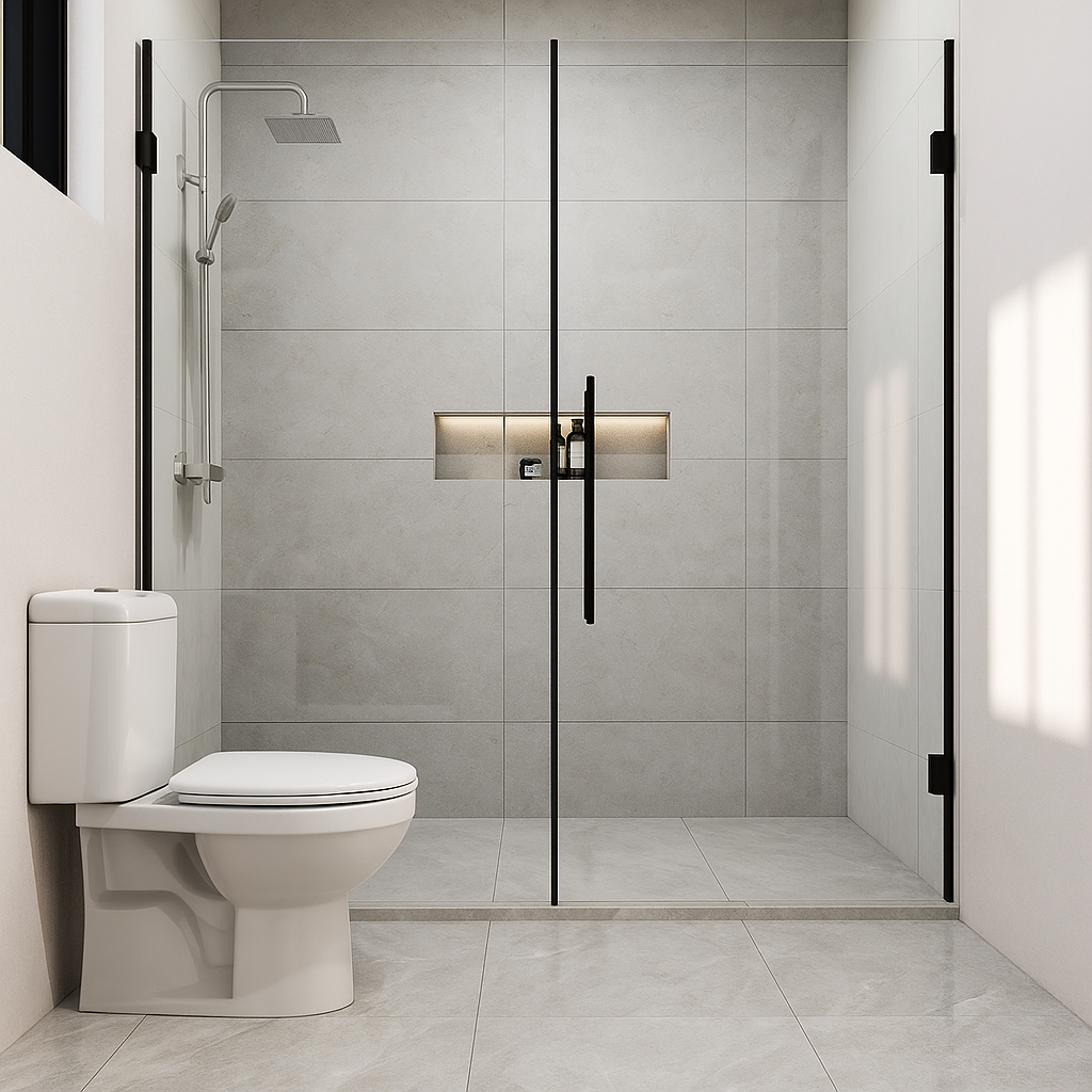 Modern bathroom with a toilet and shower enclosure.