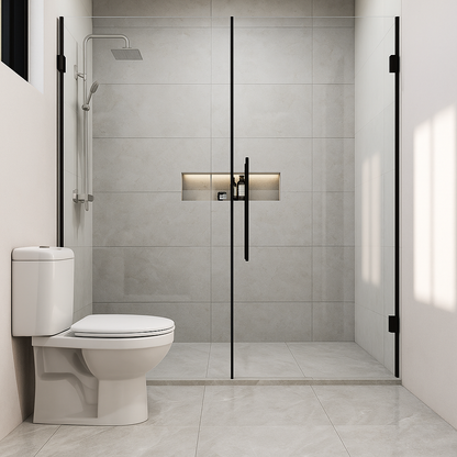 Modern bathroom with a toilet and shower enclosure.
