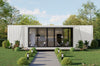 Modern house made from shipping containers with a garden and trees in the background