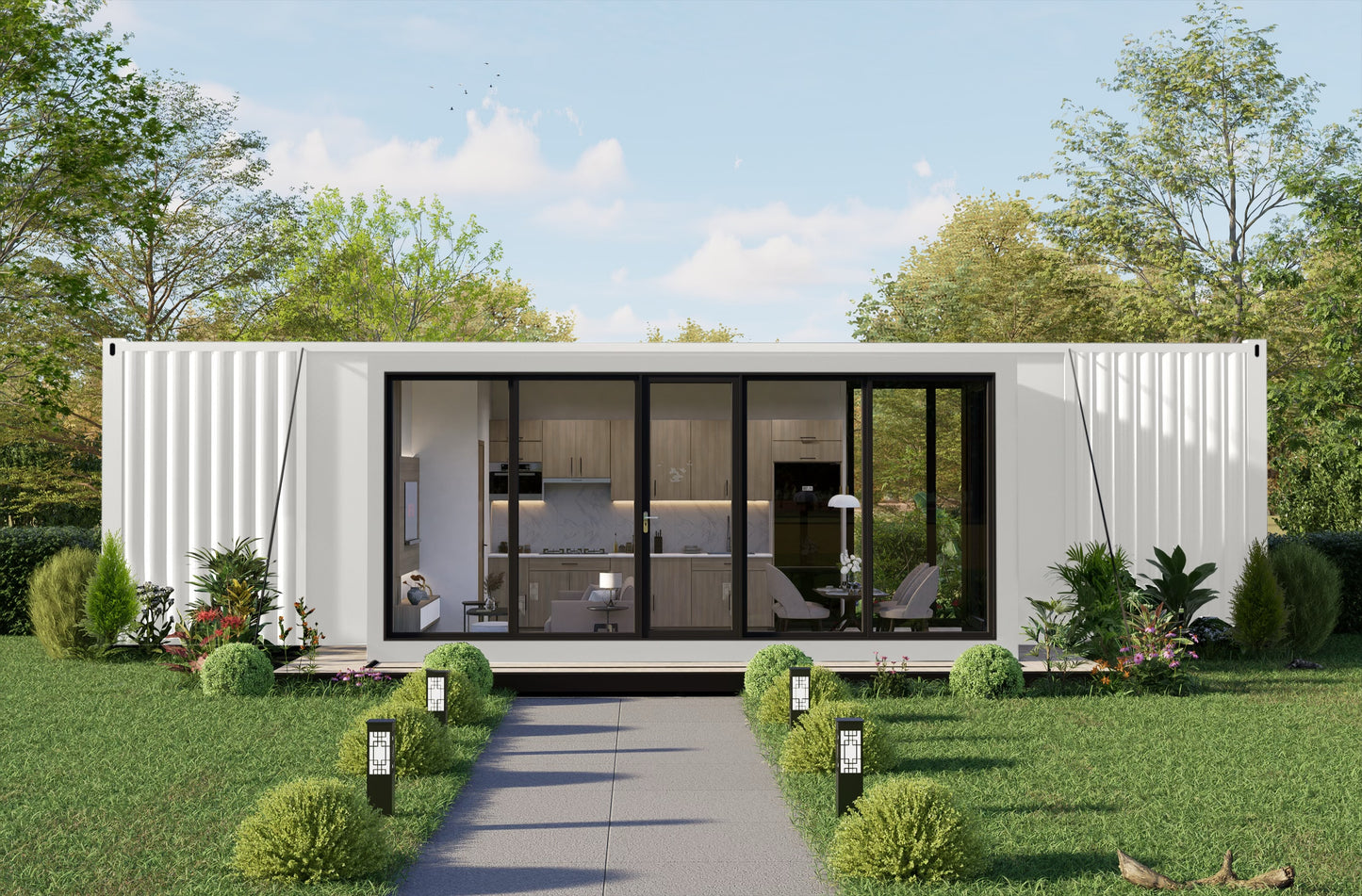 Modern house made from shipping containers with a garden and trees in the background
