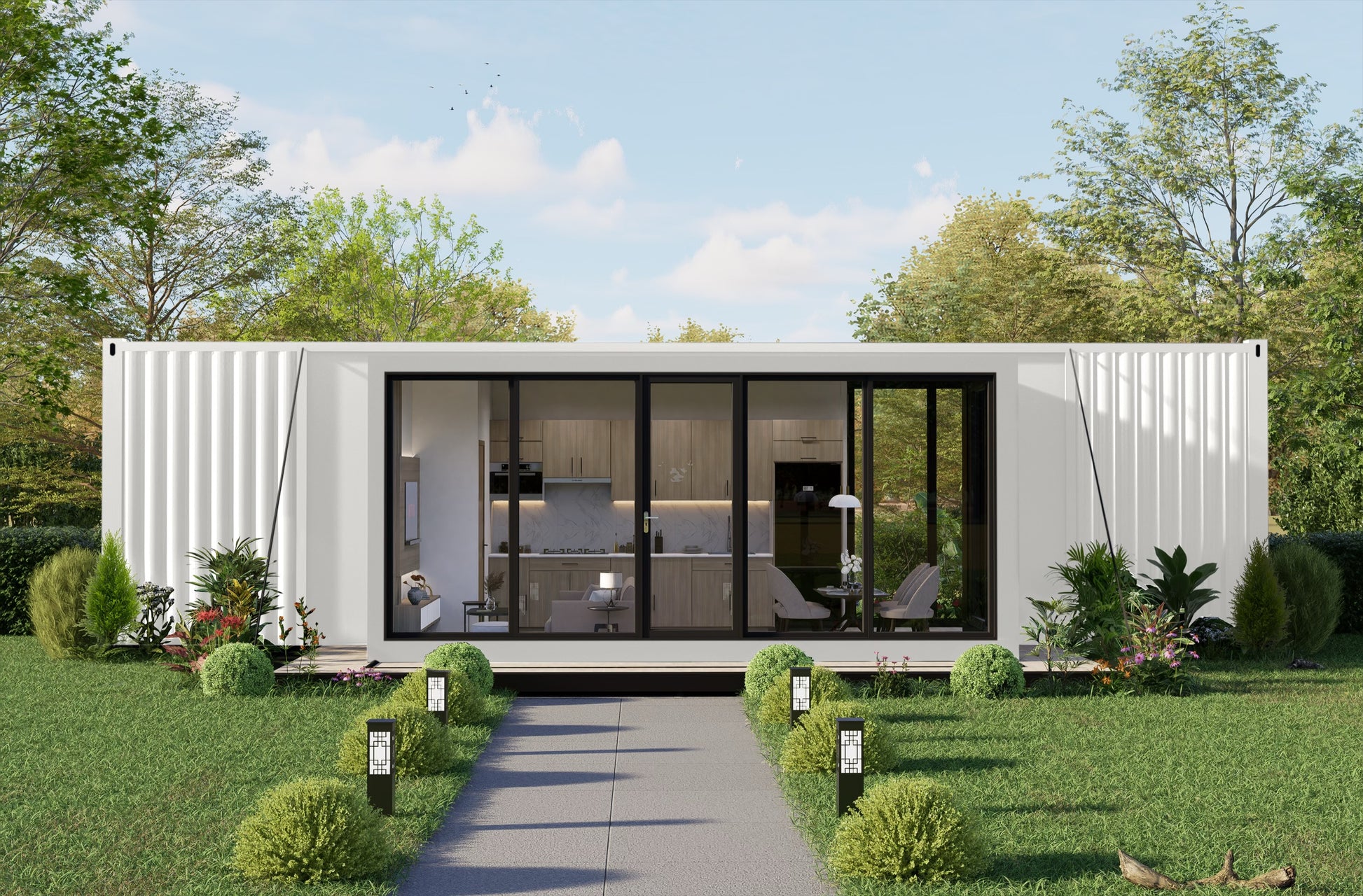 Modern house made from shipping containers with a garden and trees in the background