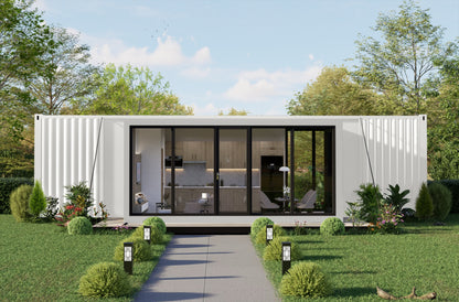 Modern house made from shipping containers with a garden and trees in the background