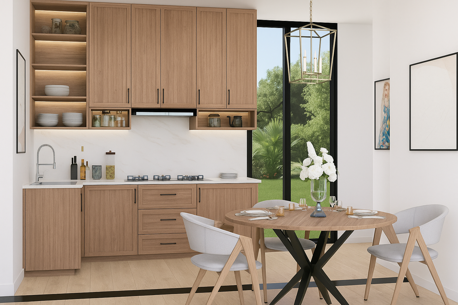 Modern kitchen with wooden cabinets and a dining area.