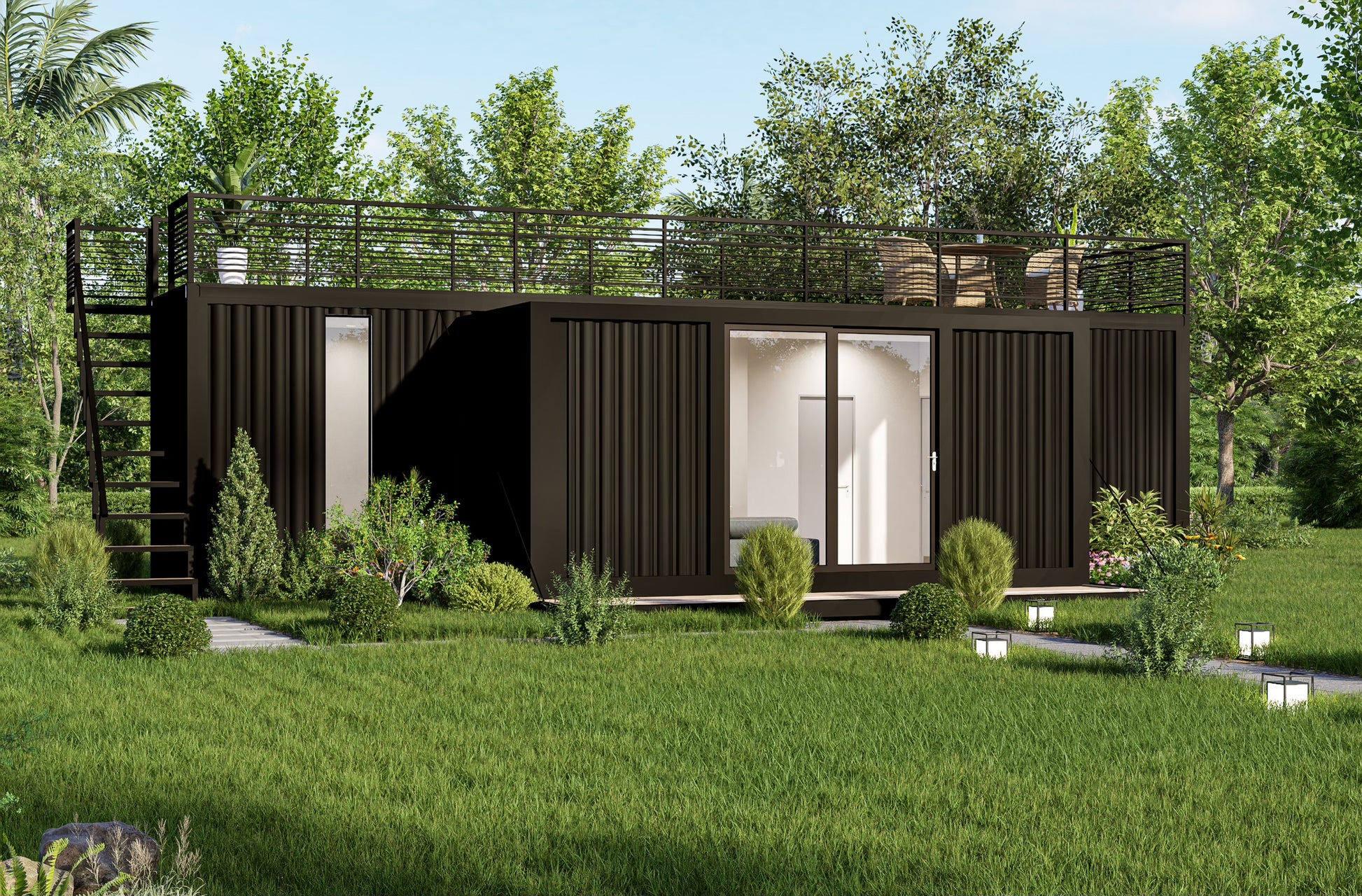 Modern container house with a rooftop deck in a green, natural setting