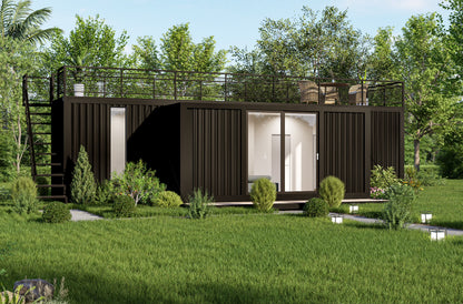 Modern container house with a rooftop deck in a green, natural setting