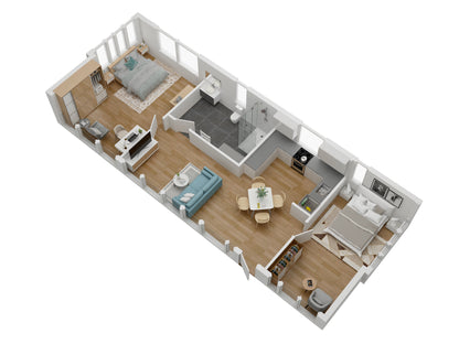 3D container floor plan of a modern apartment layout with furniture.