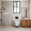 Modern bathroom with wooden vanity, toilet, and shower area.