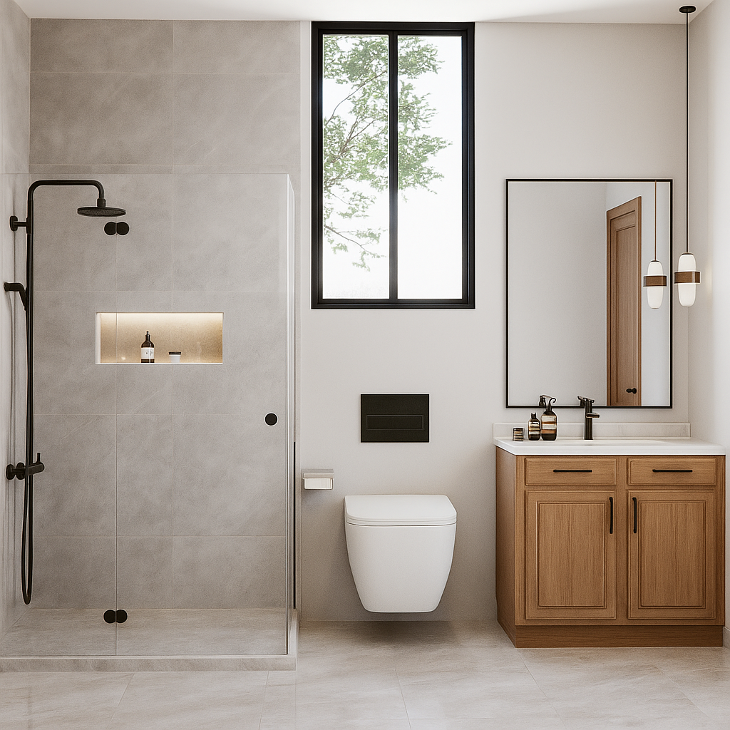 Modern bathroom with wooden vanity, toilet, and shower area.