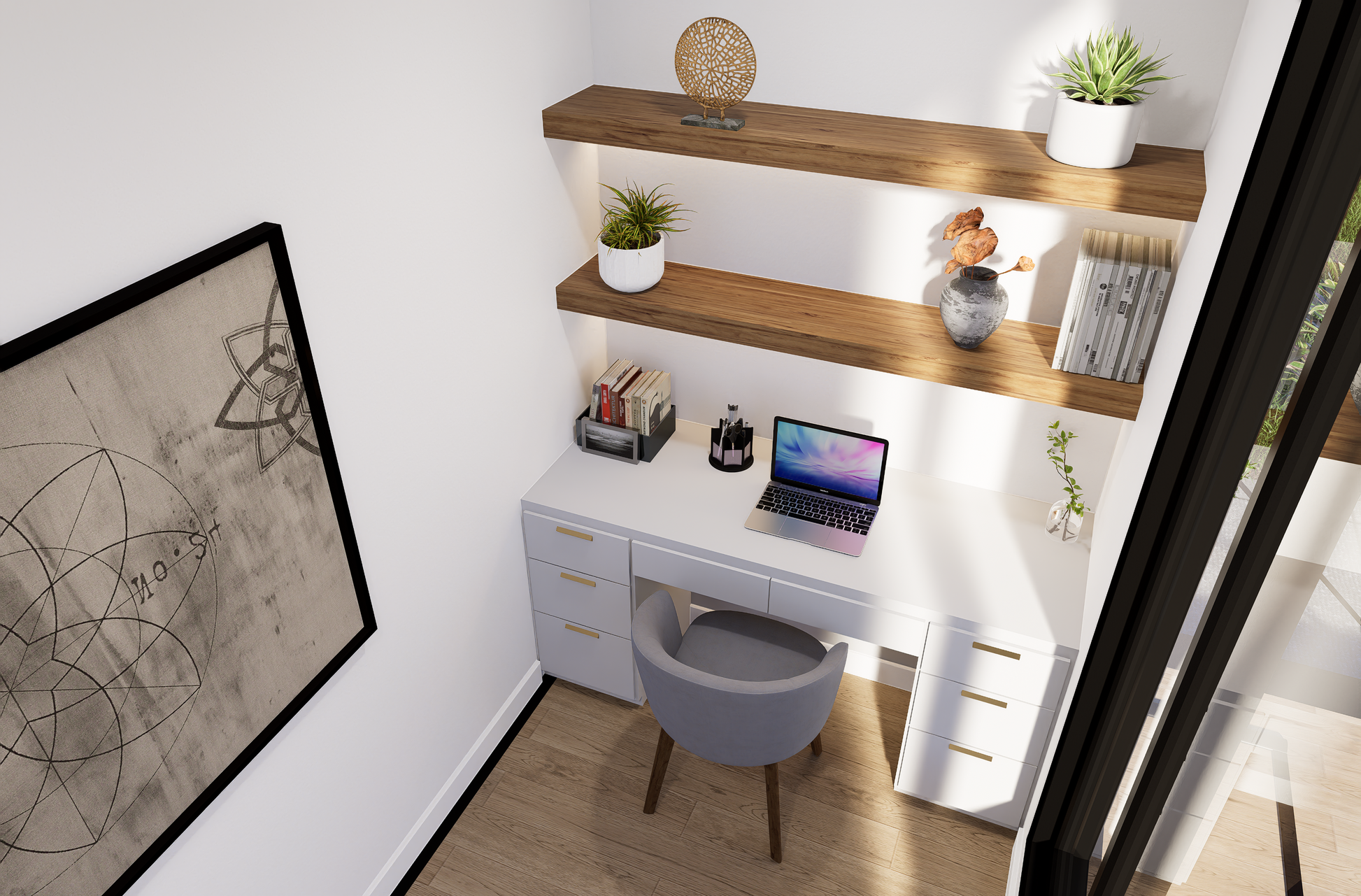 Modern home office with a desk, chair, and shelves with decorative items.