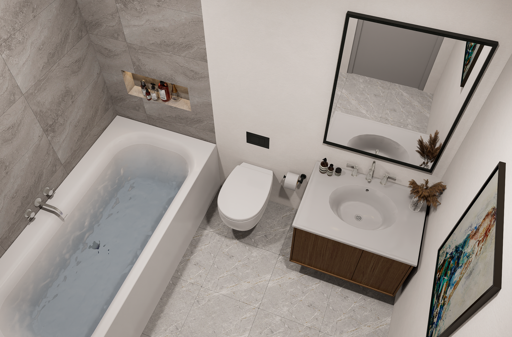 Modern bathroom with bathtub, sink, and mirror