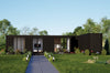 Modern house made from shipping containers with a garden and clear sky