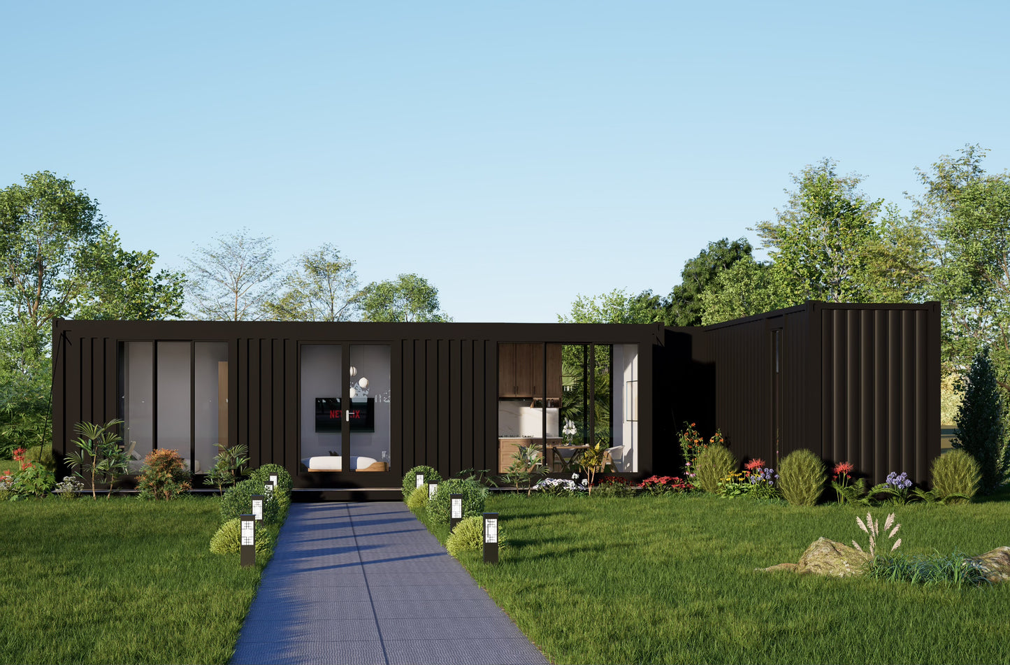 Modern house made from shipping containers with a garden and clear sky