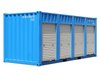 Blue storage container with metal doors on a white background