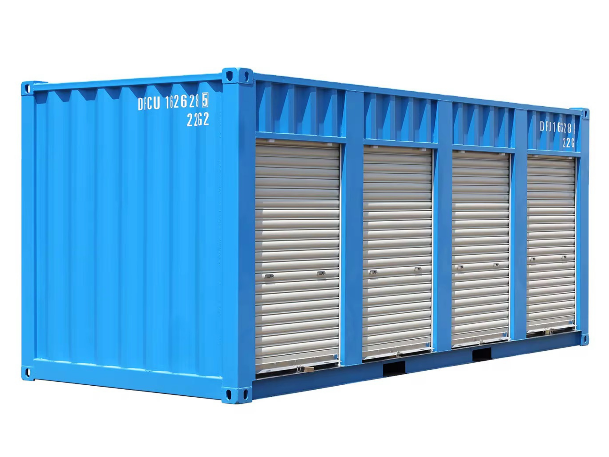 Blue storage container with metal doors on a white background