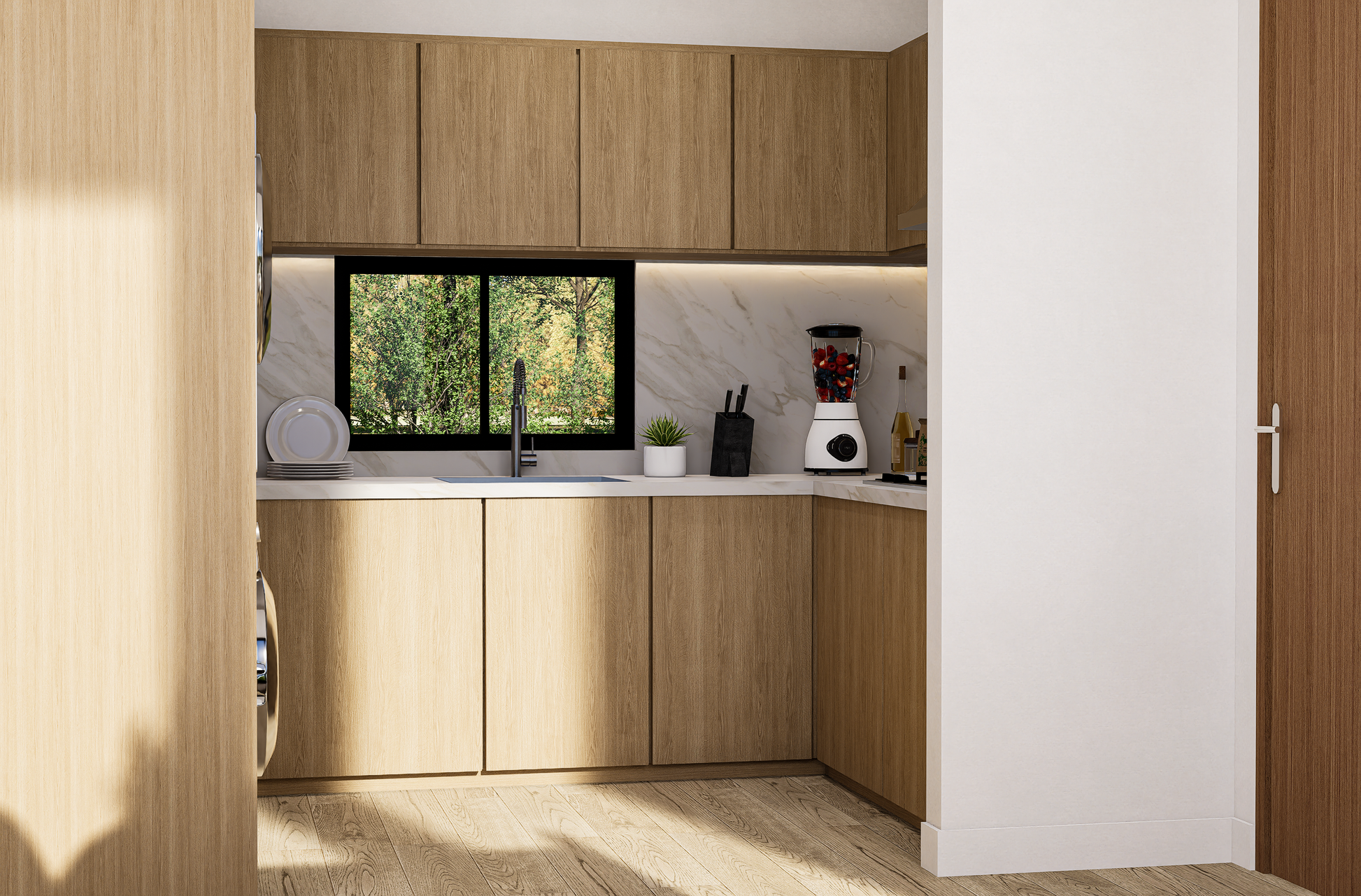 Modern kitchen with wooden cabinets and a window view