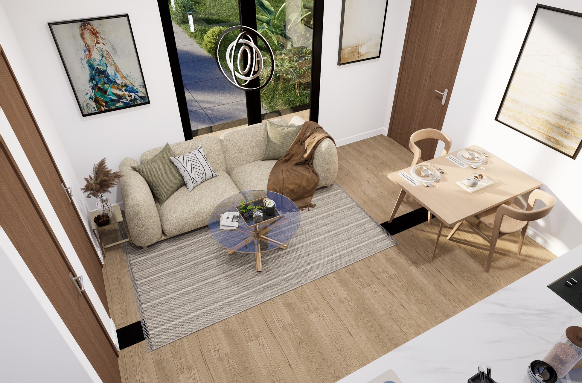 Modern living room with beige sofa, coffee table, and dining area.