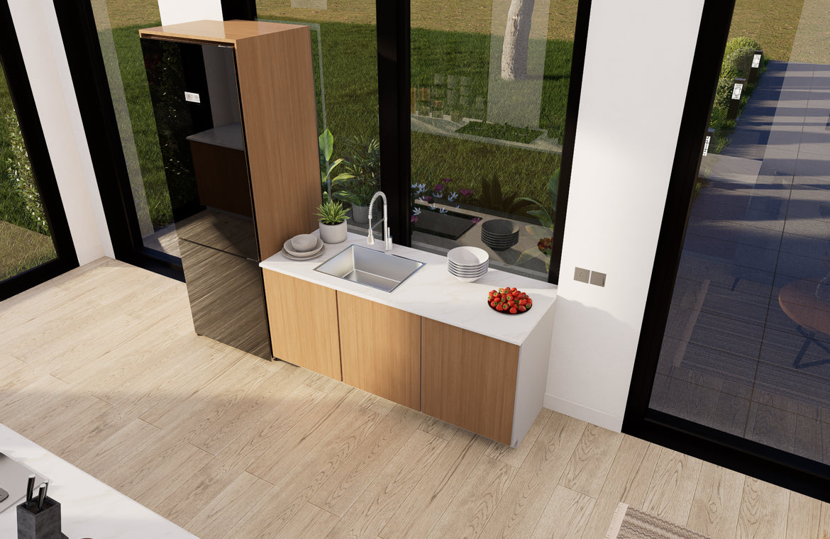Modern kitchen with wooden cabinets and a sink area.