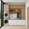 Modern laundry room with wooden cabinets, washing machines, and a sink.