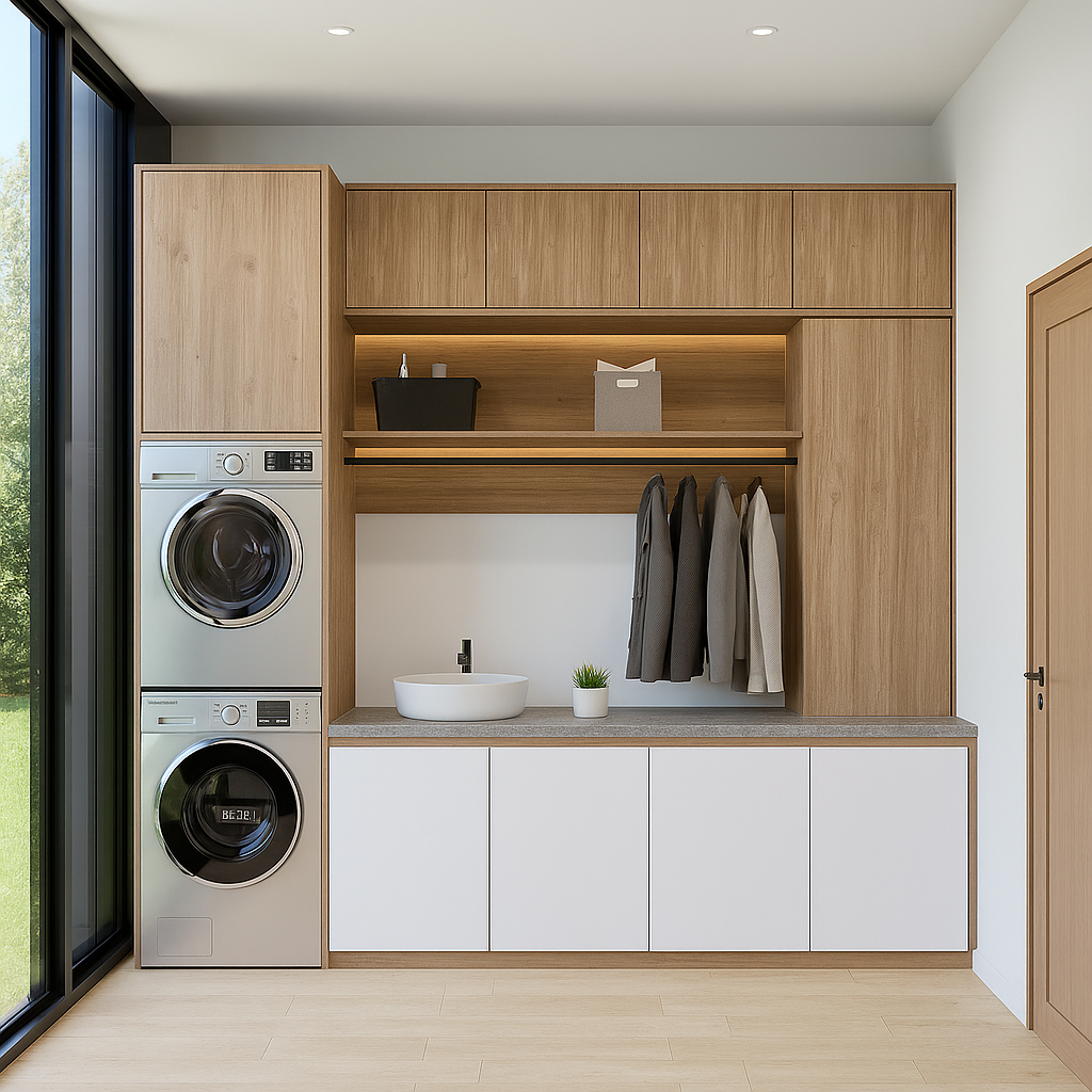 Modern laundry room with wooden cabinets, washing machines, and a sink.