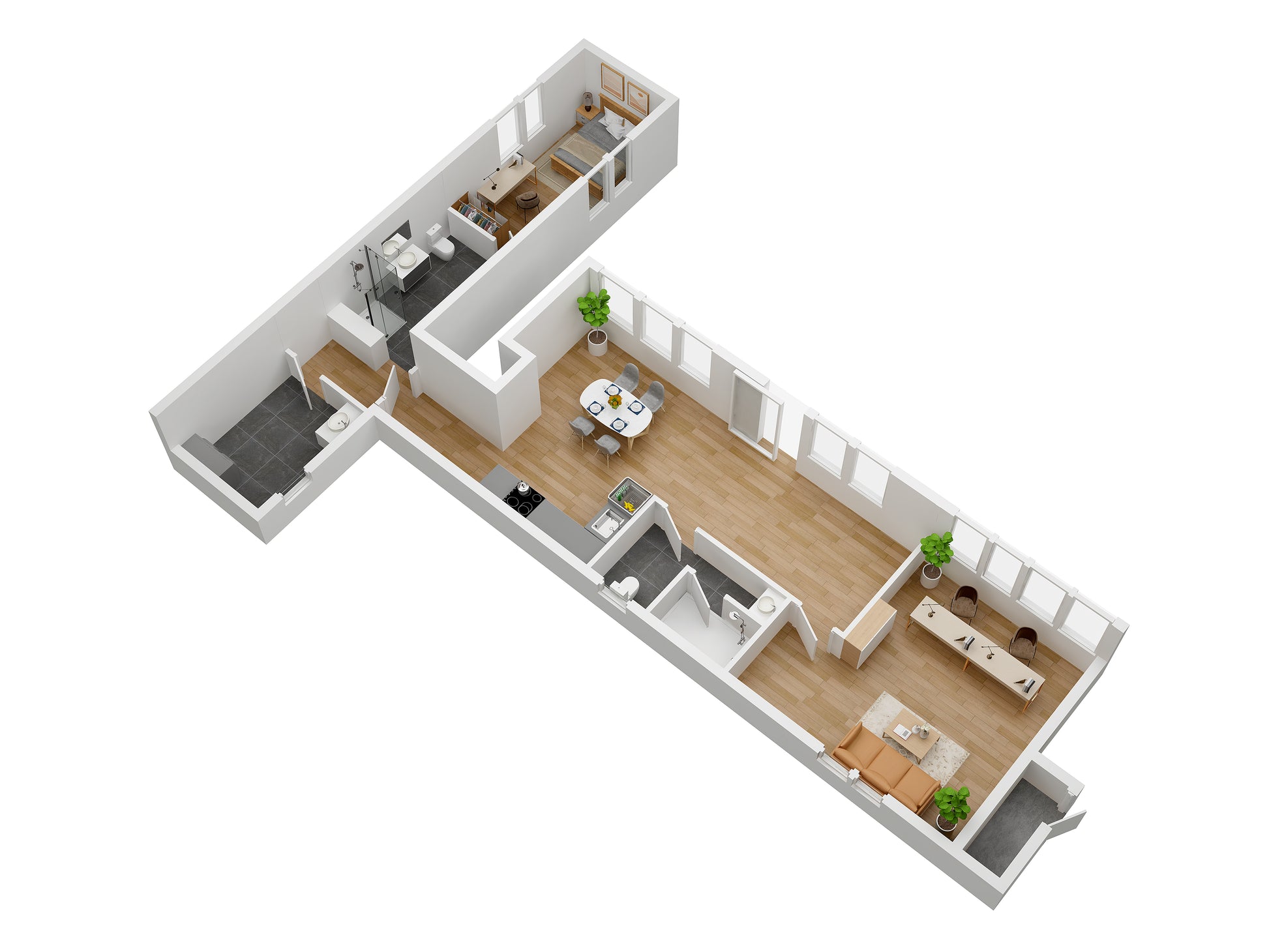 3D floor plan of a modern container apartment layout with rooms and furniture.