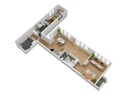 3D floor plan of a modern container apartment layout with rooms and furniture.