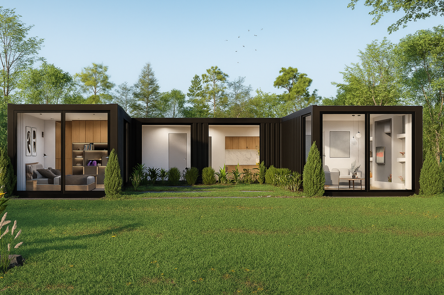 Modular homes with interior views on a grassy area with trees