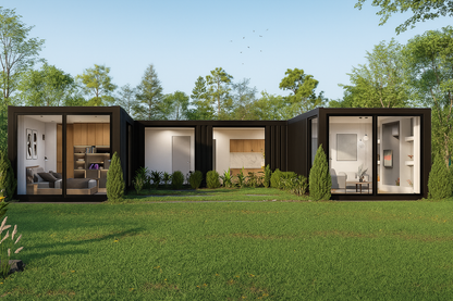 Modular homes with interior views on a grassy area with trees