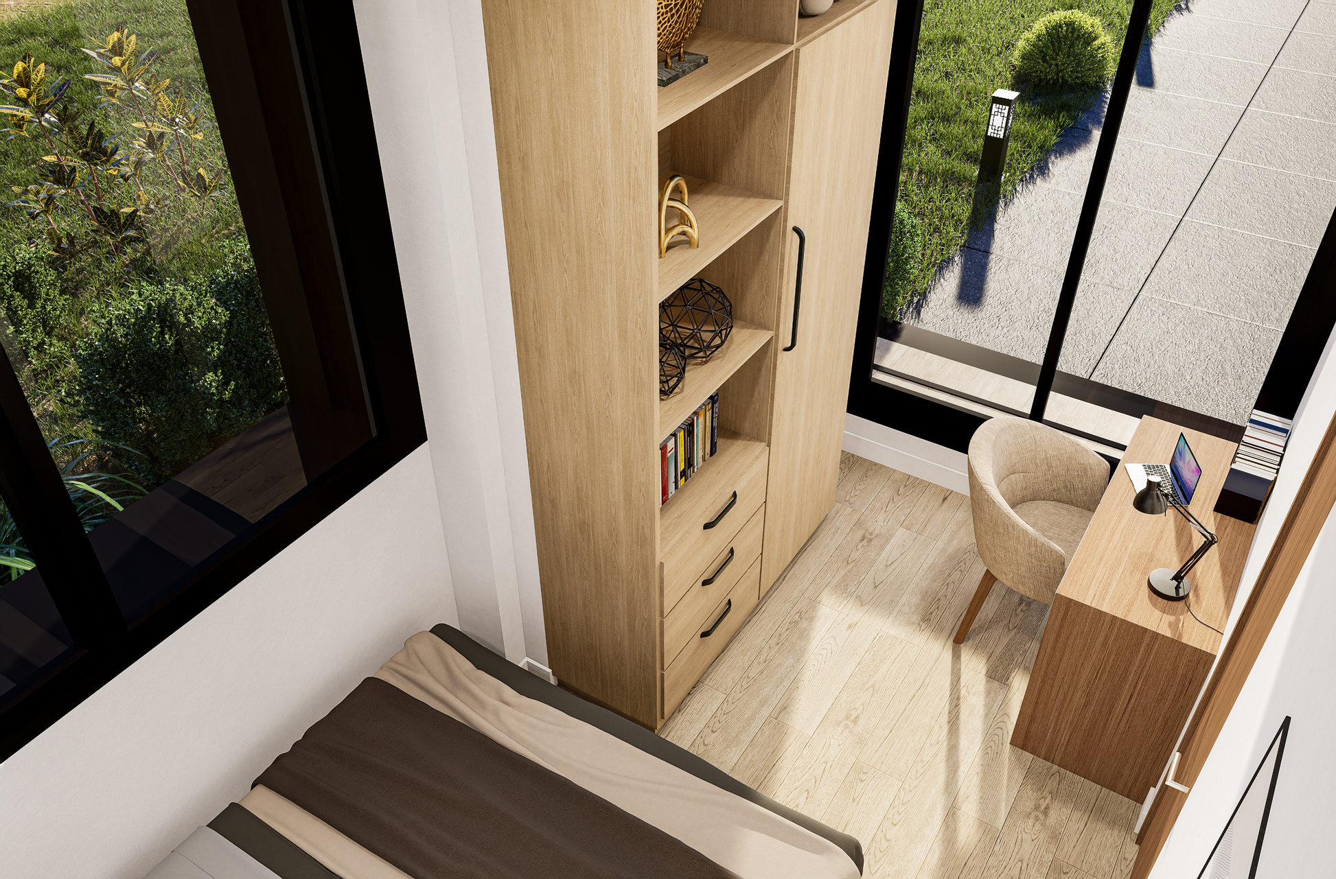 Modern room with wooden furniture, including a bookshelf, desk, and chair.