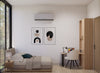 Modern bedroom with bed, desk, and wall art