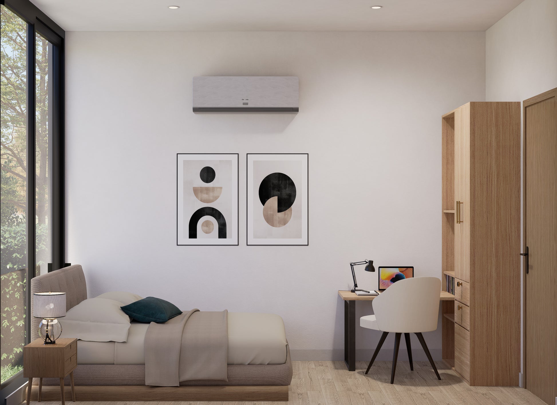 Modern bedroom with bed, desk, and wall art